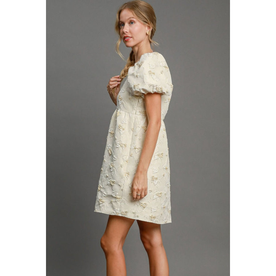 Umgee Heart Jacquard Square Neck Puff Sleeve Mini Dress Apparel and Accessories