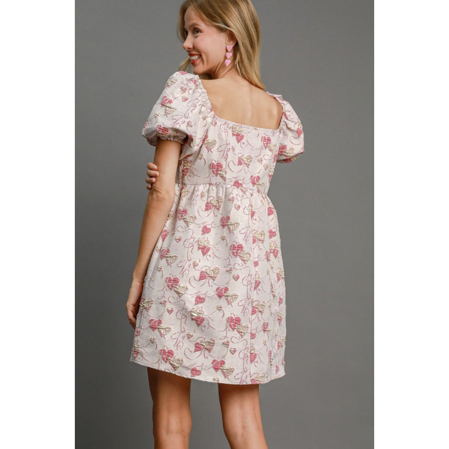 Umgee Heart Jacquard Square Neck Puff Sleeve Mini Dress Pink / S Apparel and Accessories