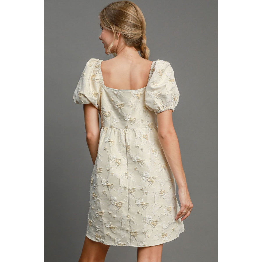 Umgee Heart Jacquard Square Neck Puff Sleeve Mini Dress Cream / S Apparel and Accessories