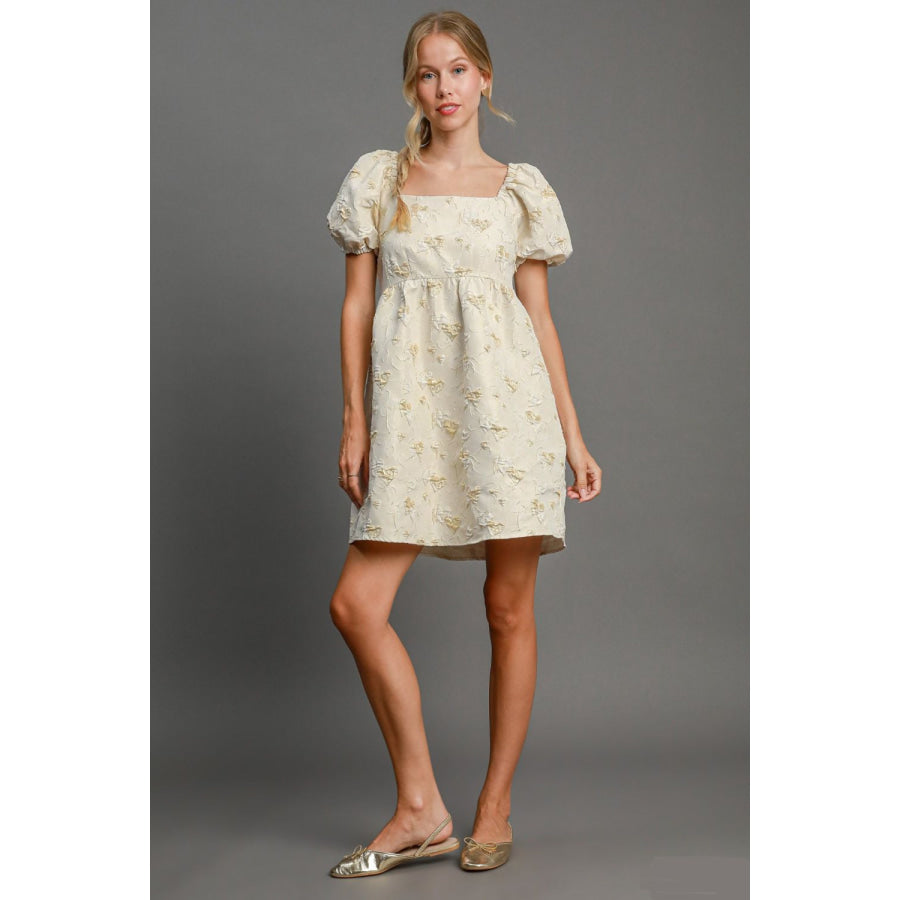 Umgee Heart Jacquard Square Neck Puff Sleeve Mini Dress Cream / S Apparel and Accessories