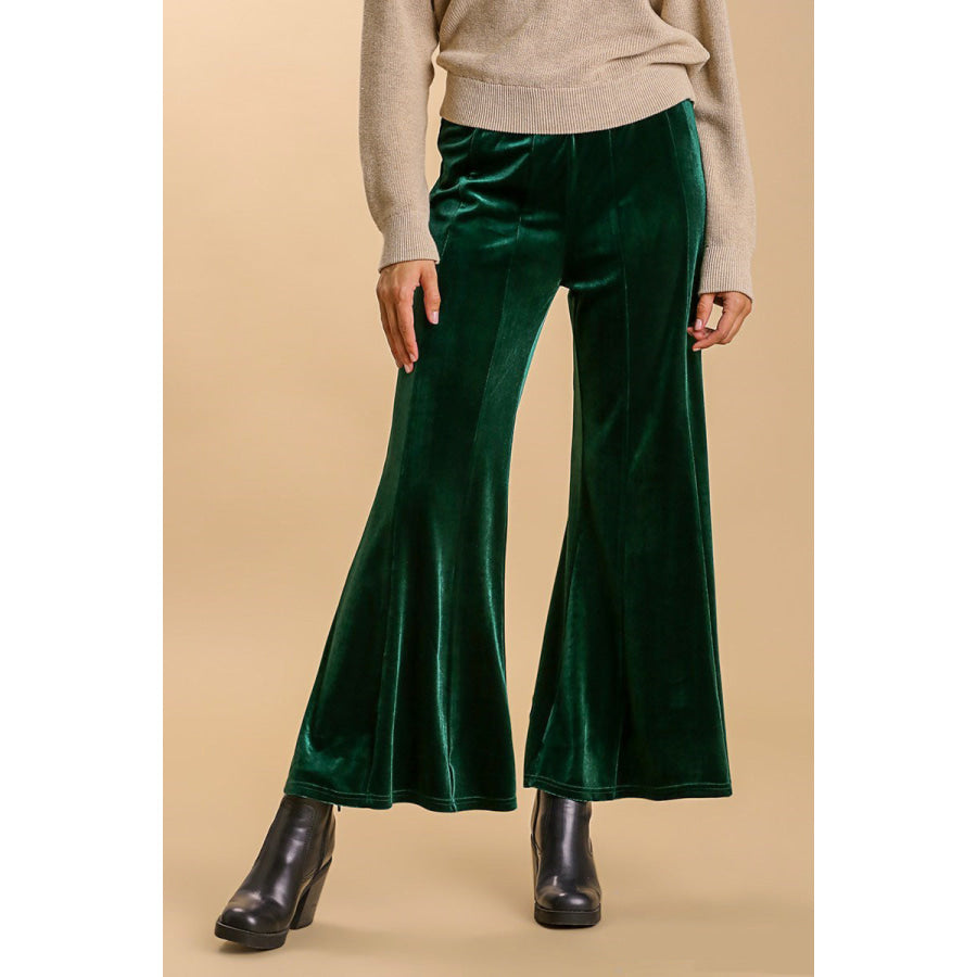 Umgee High Rise Elastic Waist Flare Pants Dark Green / S Apparel and Accessories