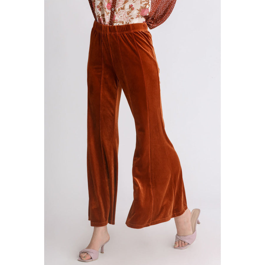 Umgee High Rise Elastic Waist Flare Pants Terracotta / S Apparel and Accessories