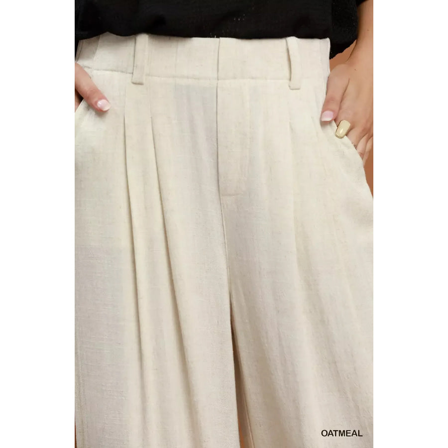 Umgee High Waist Linen Blend Wide Leg Trousers Apparel and Accessories