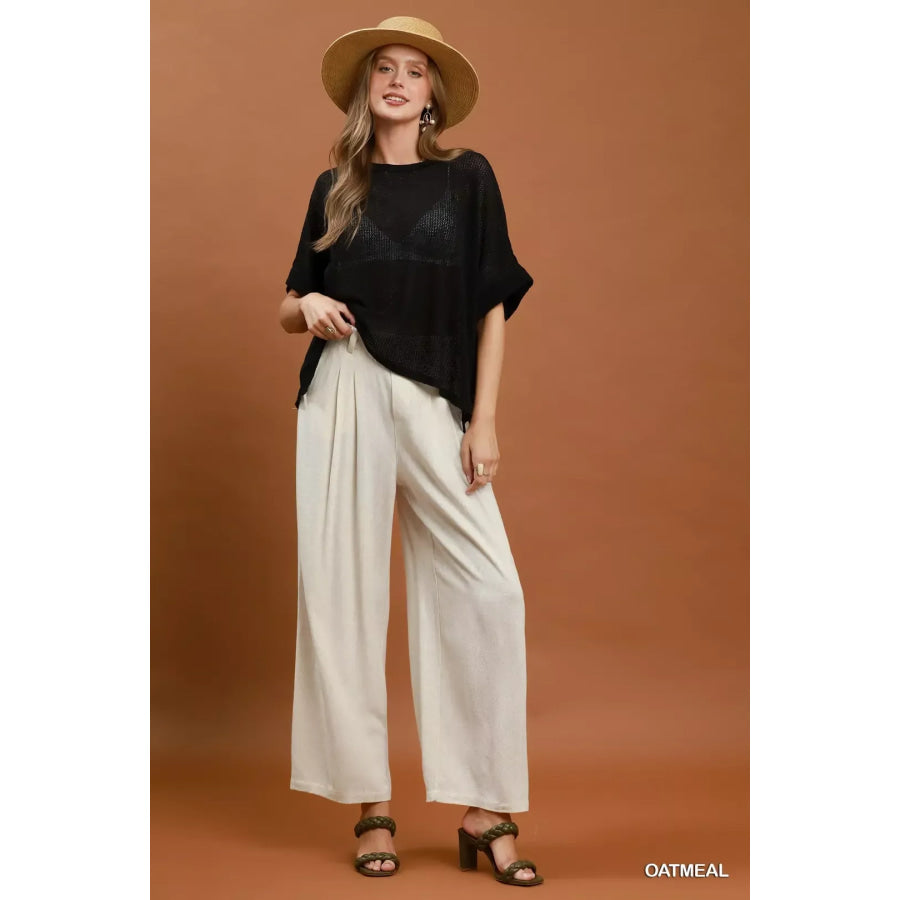 Umgee High Waist Linen Blend Wide Leg Trousers Apparel and Accessories