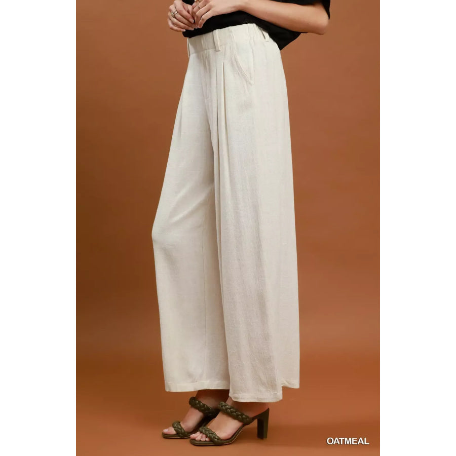 Umgee High Waist Linen Blend Wide Leg Trousers Apparel and Accessories