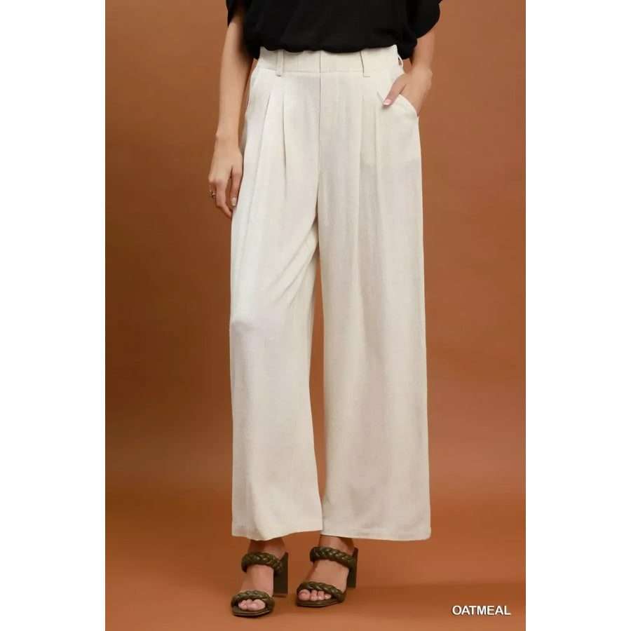 Umgee High Waist Linen Blend Wide Leg Trousers OATMEAL / S Apparel and Accessories
