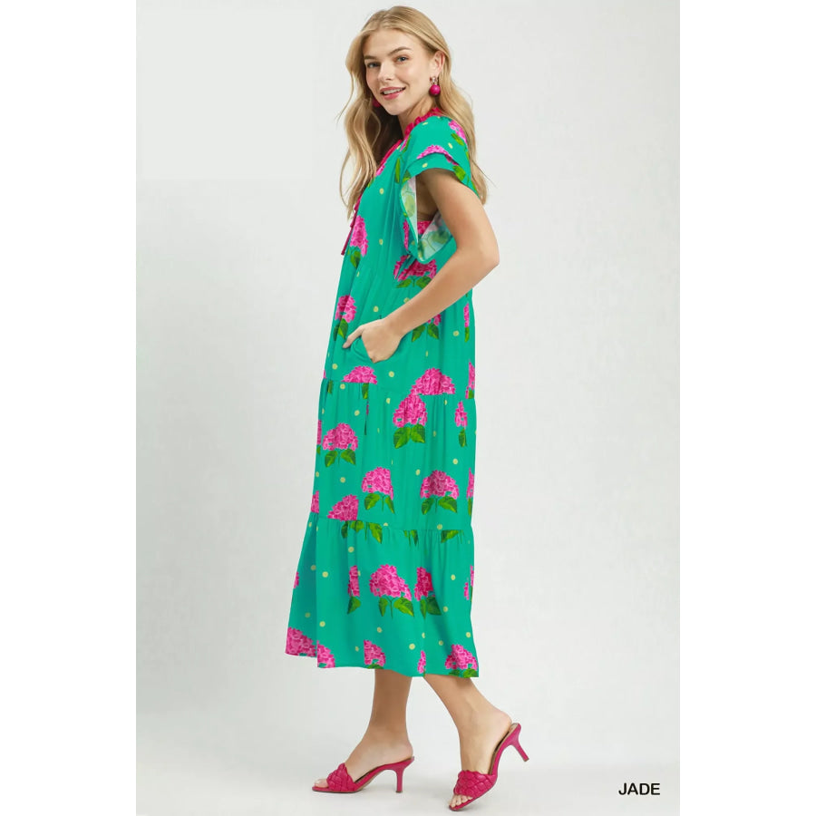 Umgee Hydrangea Print Tiered Midi Dress Apparel and Accessories
