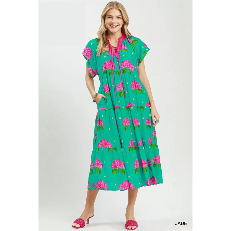 Umgee Hydrangea Print Tiered Midi Dress JADE / S Apparel and Accessories