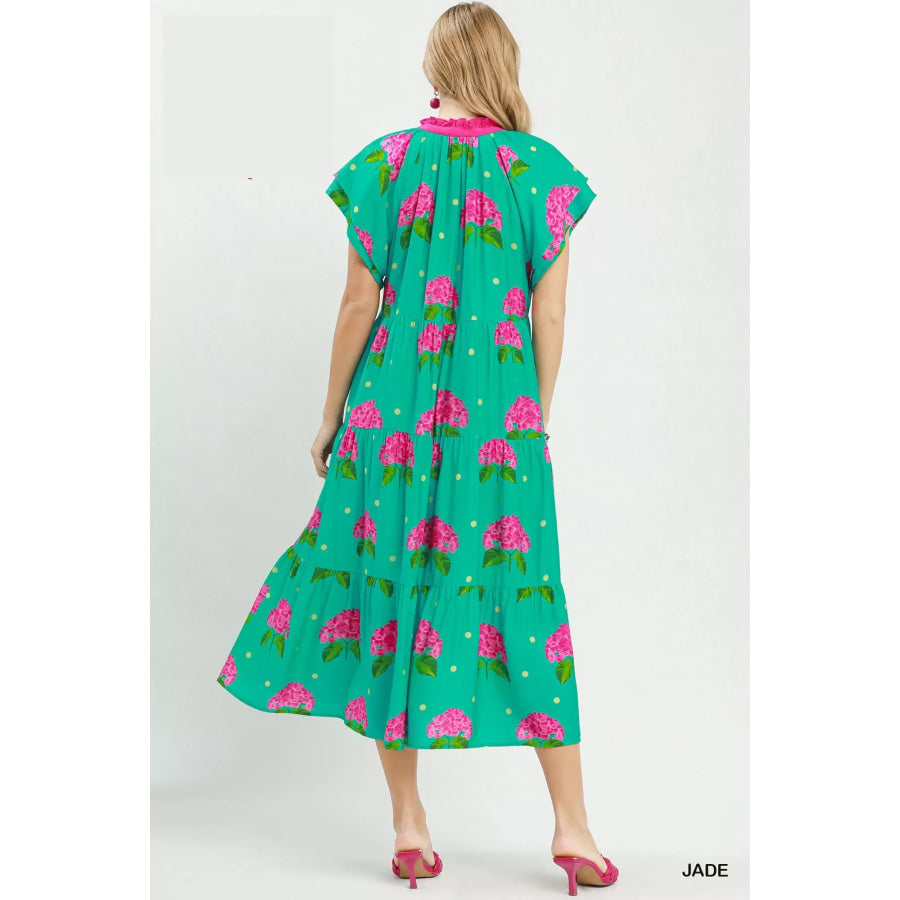 Umgee Hydrangea Print Tiered Midi Dress Apparel and Accessories