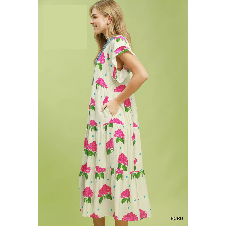 Umgee Hydrangea Print Tiered Midi Dress Apparel and Accessories