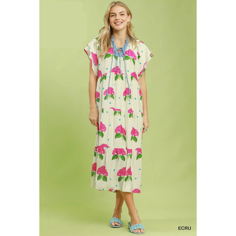 Umgee Hydrangea Print Tiered Midi Dress ECRU / S Apparel and Accessories