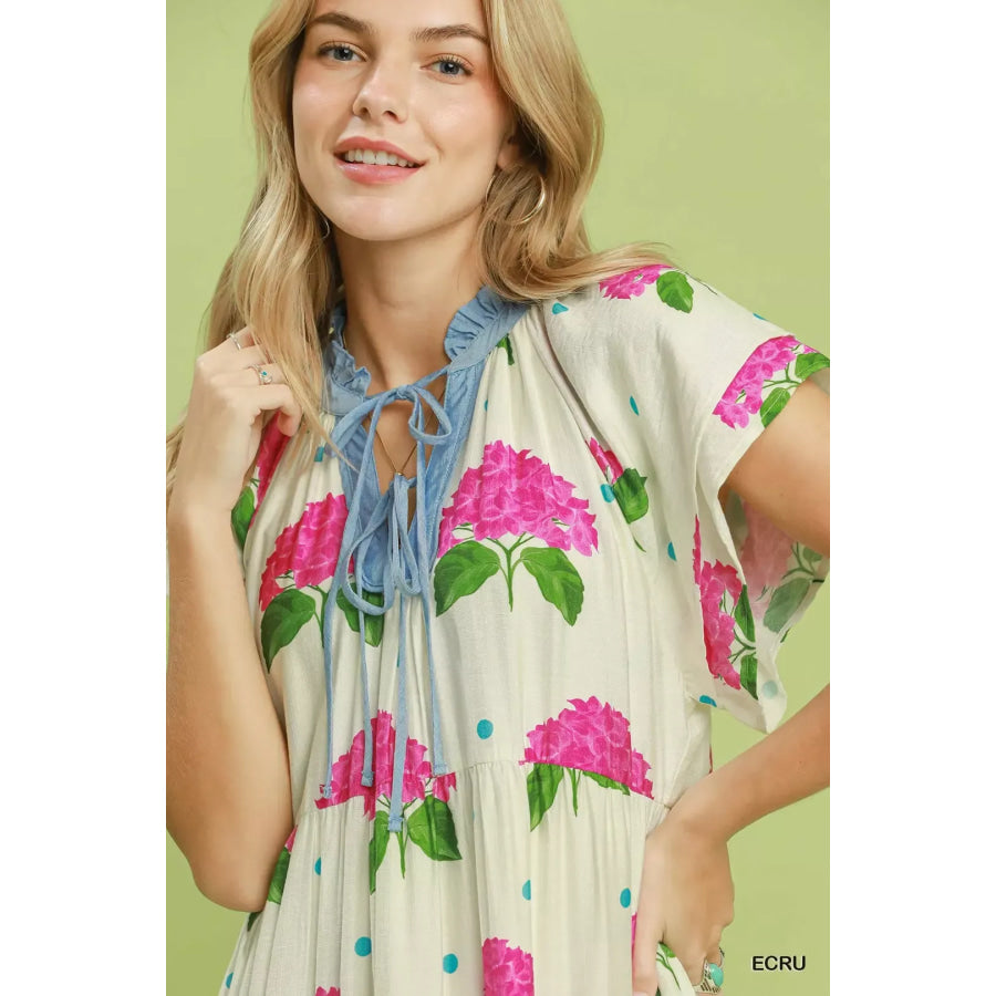 Umgee Hydrangea Print Tiered Midi Dress Apparel and Accessories