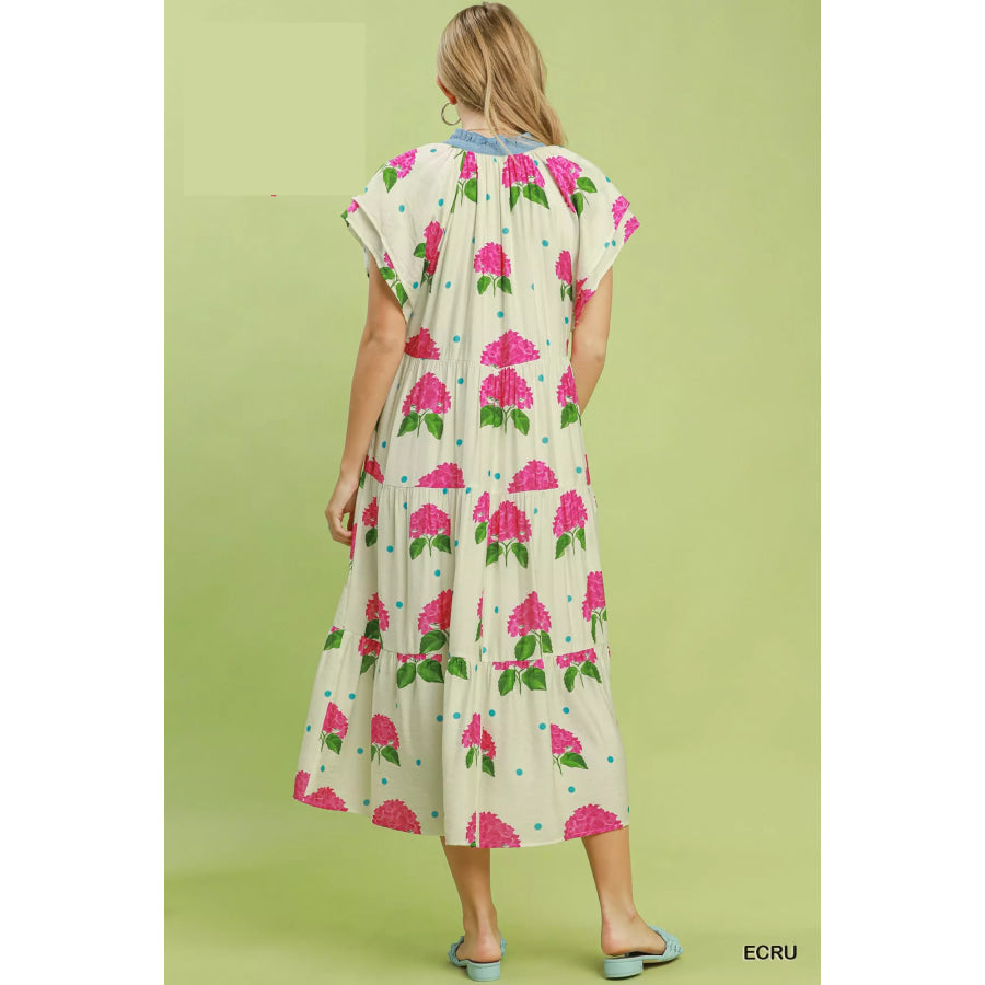 Umgee Hydrangea Print Tiered Midi Dress Apparel and Accessories