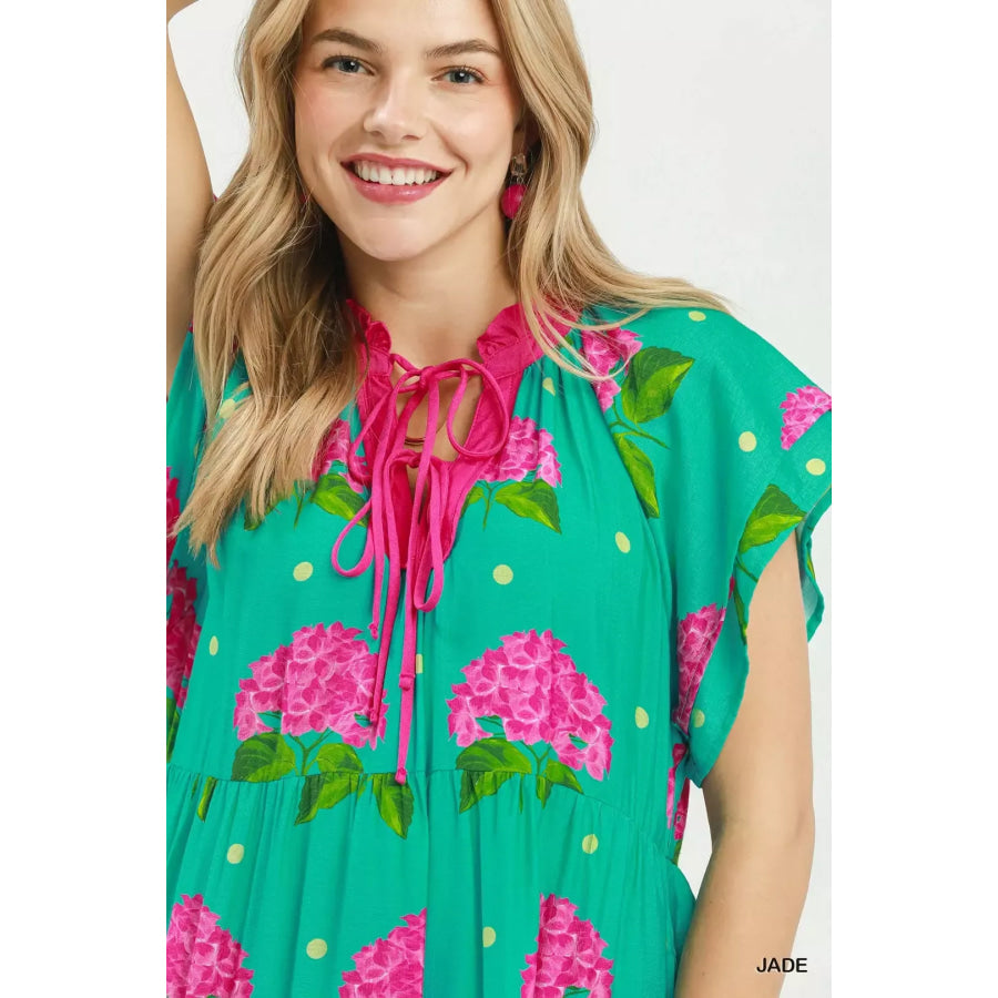 Umgee Hydrangea Print Tiered Midi Dress Apparel and Accessories