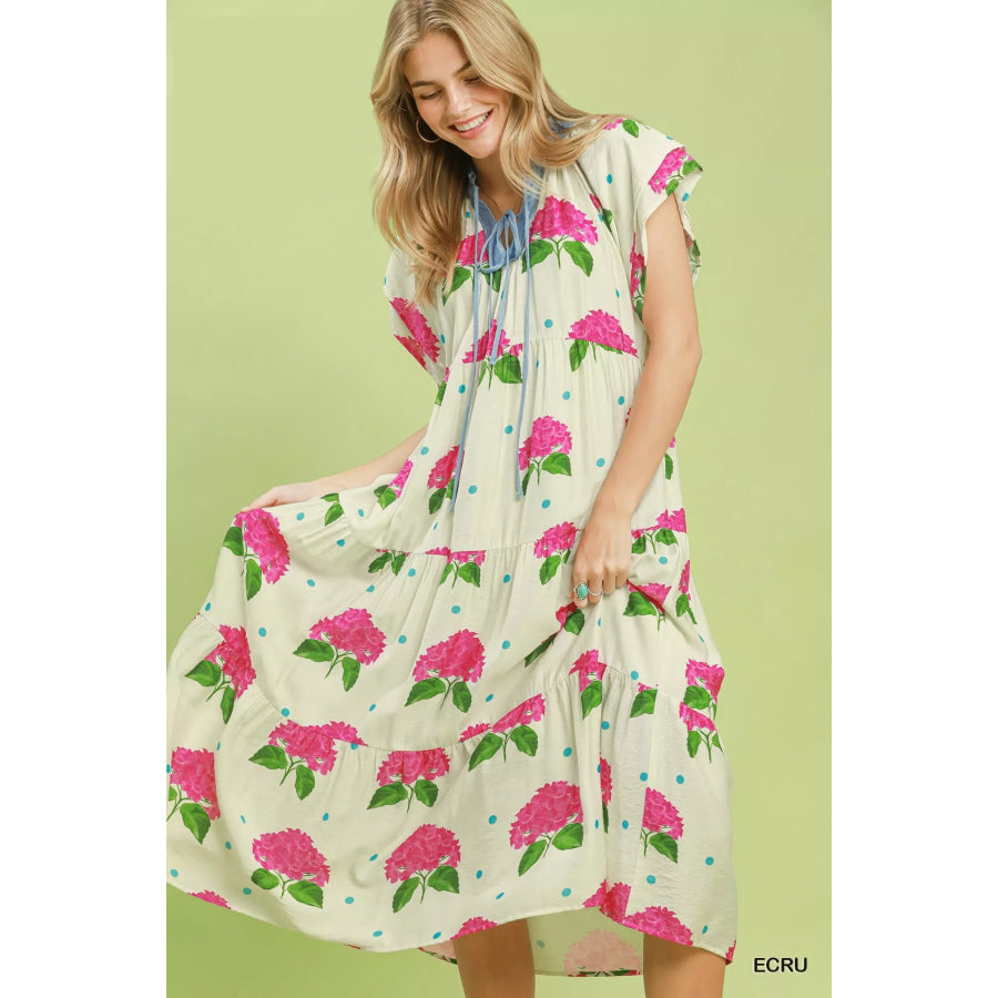 Umgee Hydrangea Print Tiered Midi Dress ECRU / S Apparel and Accessories