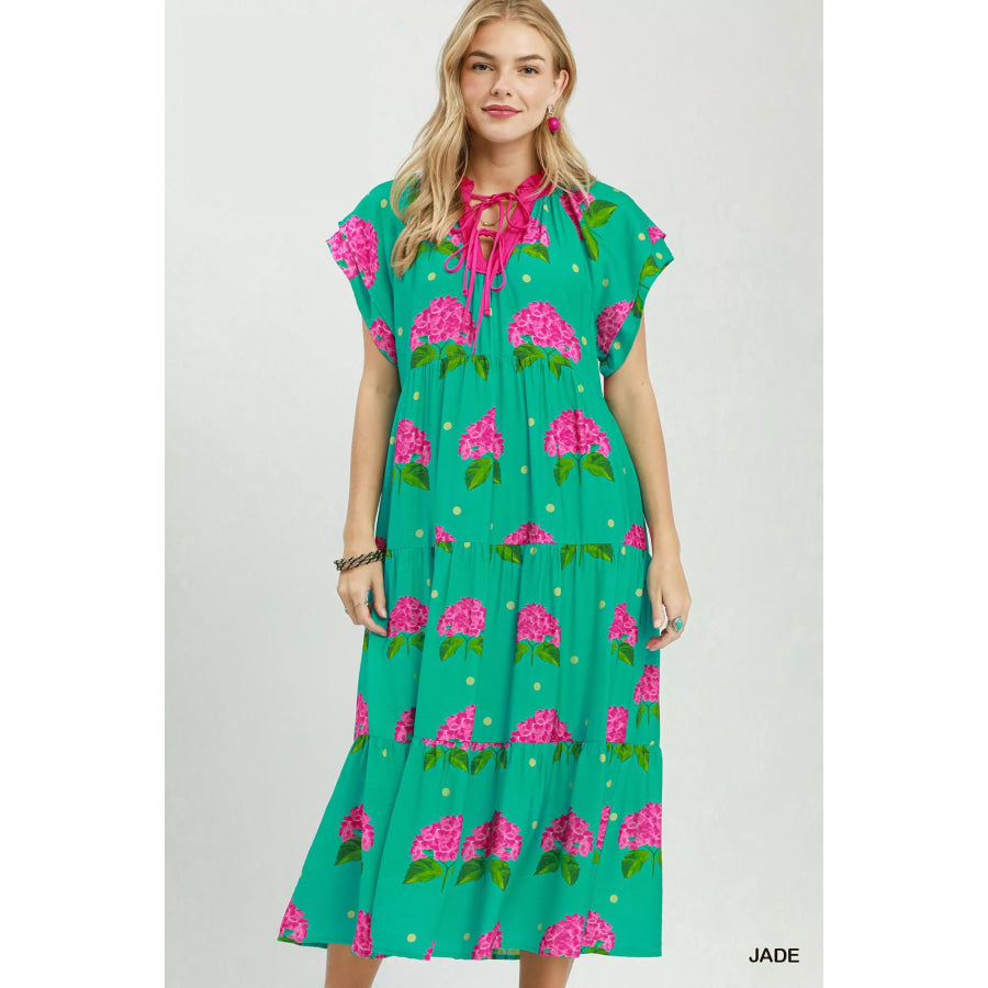 Umgee Hydrangea Print Tiered Midi Dress JADE / S Apparel and Accessories