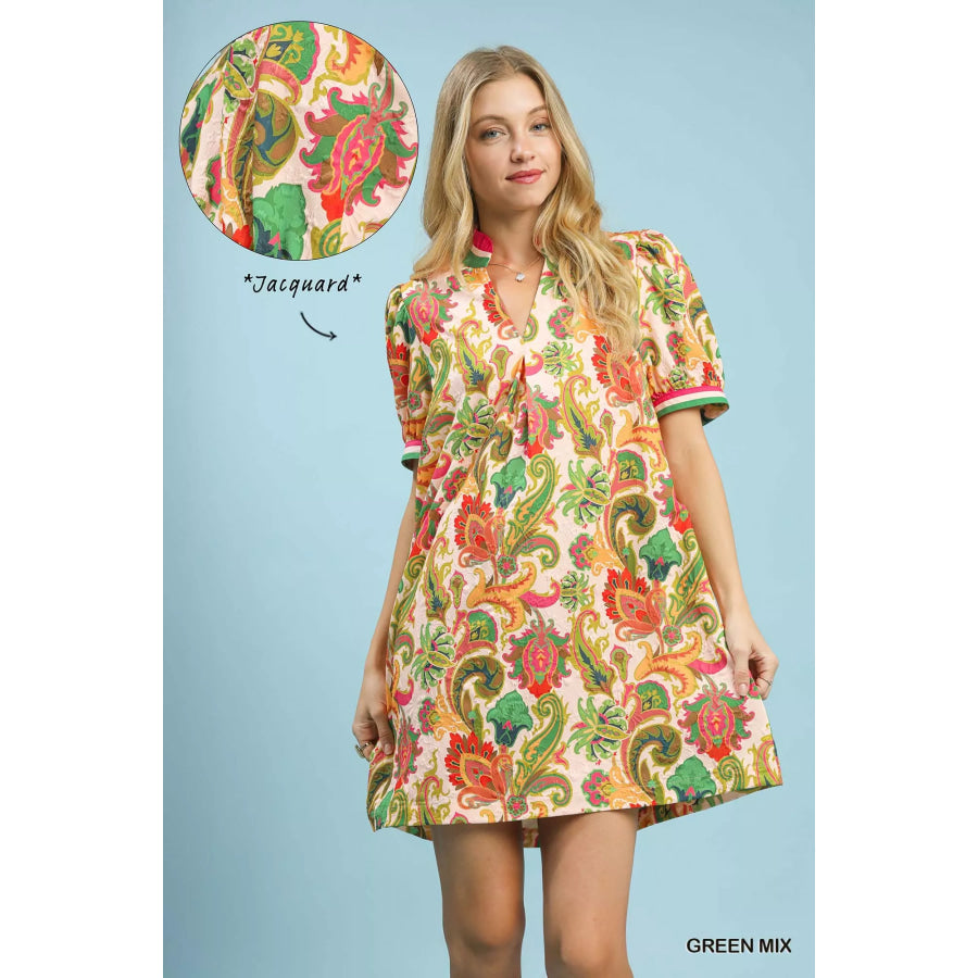 Umgee Jacquard Abstract Print Mini Dress GREEN MIX / S Apparel and Accessories