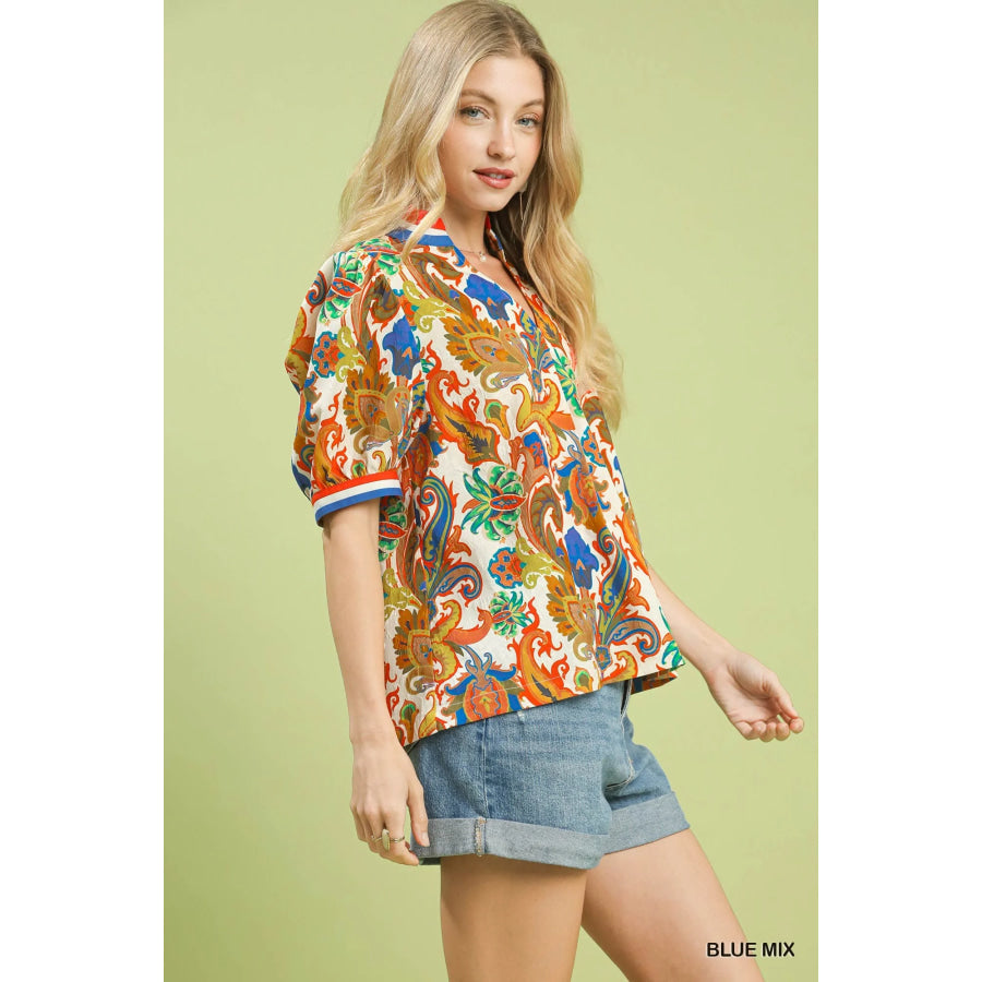 Umgee Jacquard Abstract Print Top BLUE MIX / S Apparel and Accessories