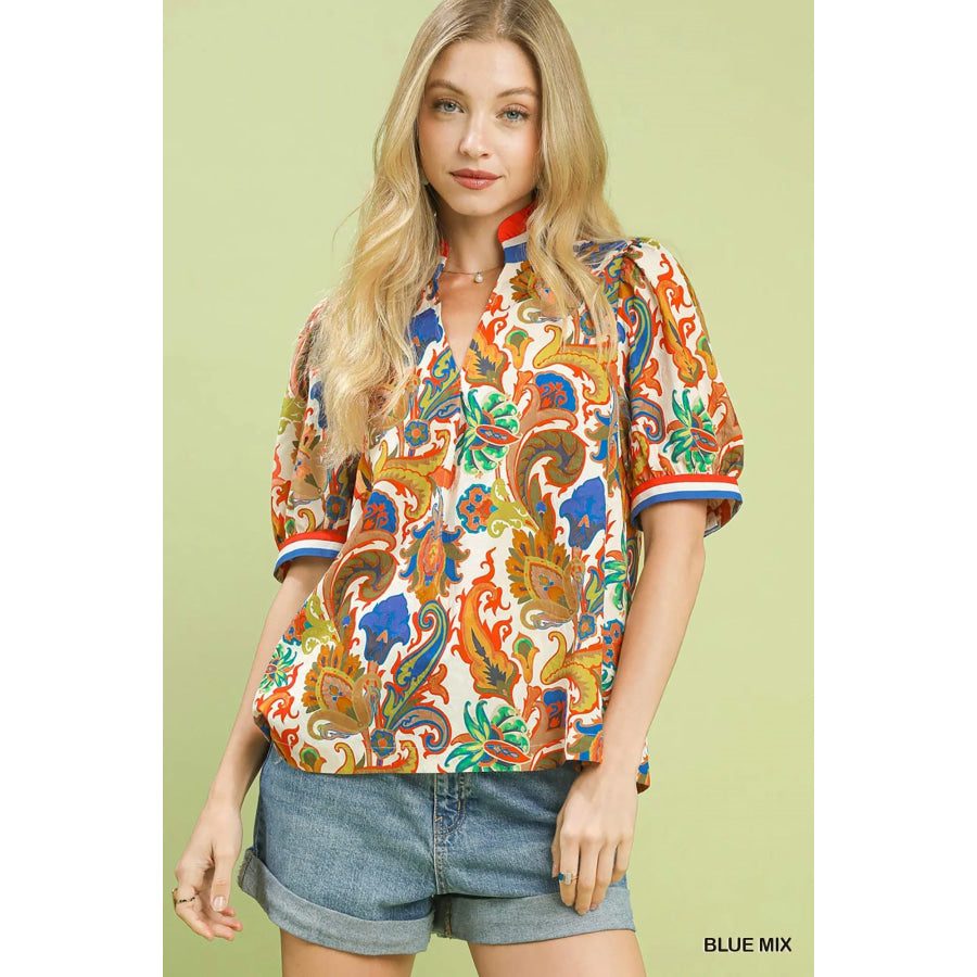 Umgee Jacquard Abstract Print Top BLUE MIX / S Apparel and Accessories