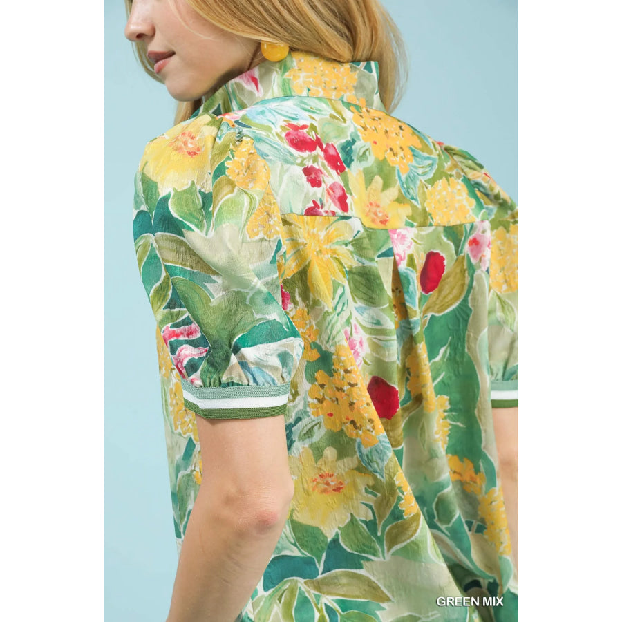 Umgee Jacquard Bloomscape Print Top Apparel and Accessories
