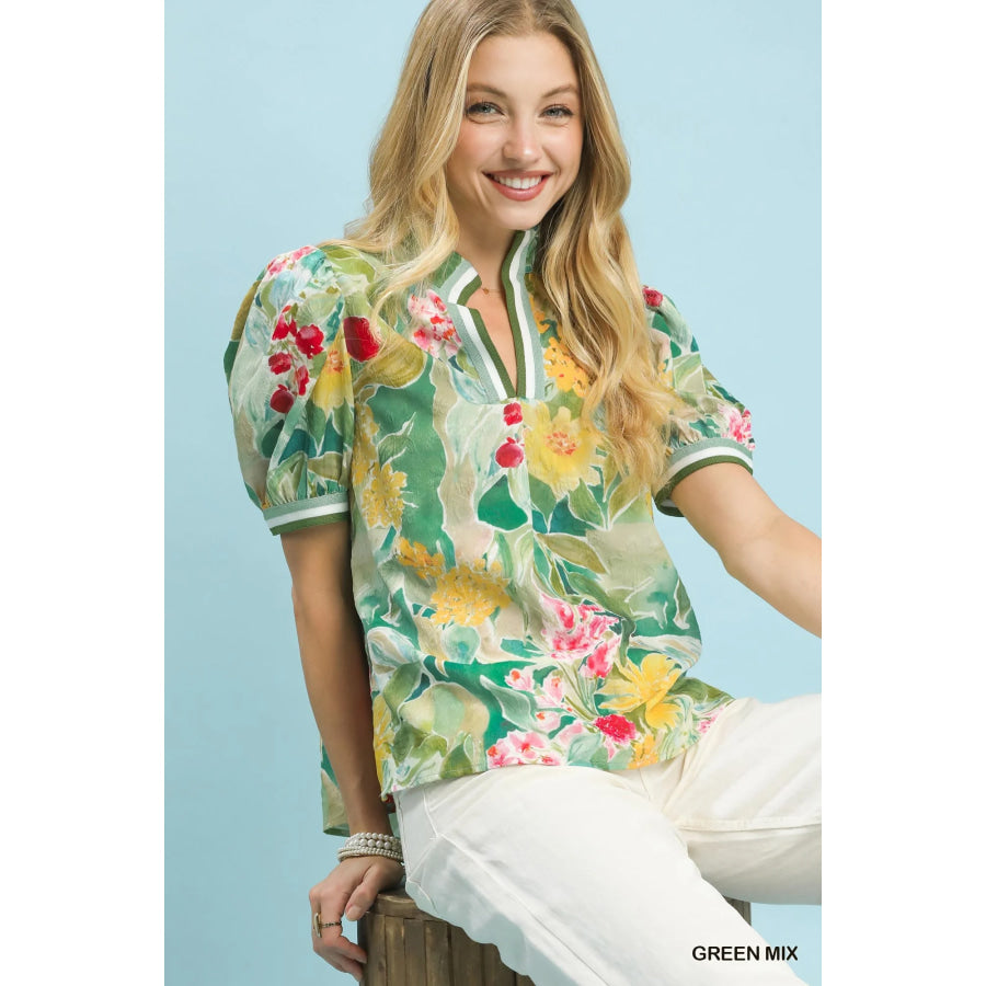Umgee Jacquard Bloomscape Print Top Apparel and Accessories