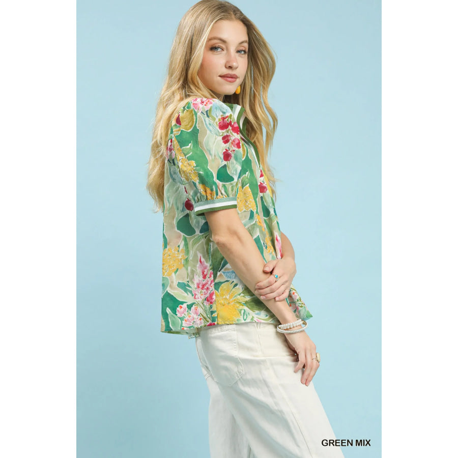 Umgee Jacquard Bloomscape Print Top GREEN MIX / S Apparel and Accessories