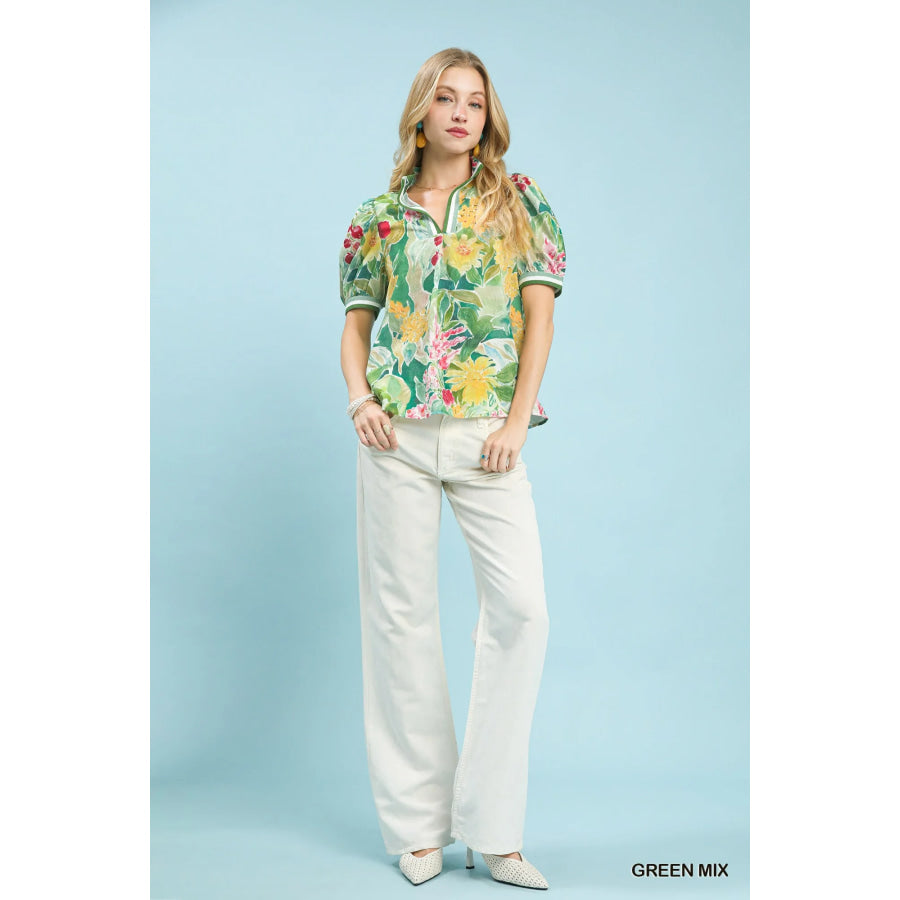 Umgee Jacquard Bloomscape Print Top Apparel and Accessories