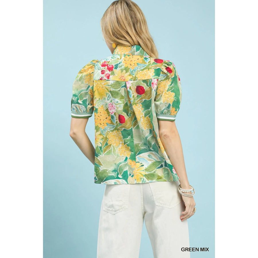 Umgee Jacquard Bloomscape Print Top Apparel and Accessories