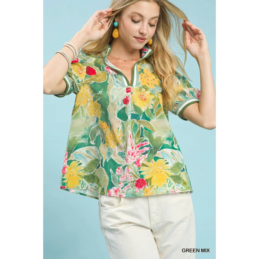 Umgee Jacquard Bloomscape Print Top GREEN MIX / S Apparel and Accessories