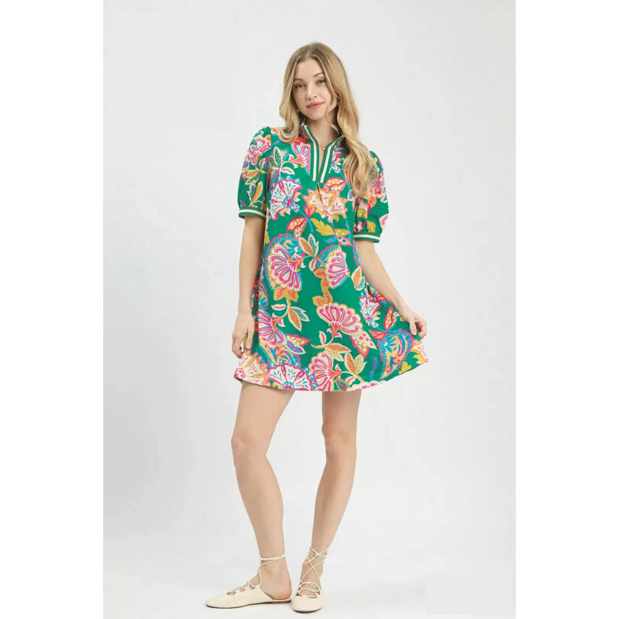 Umgee Jacquard Paisley Print Puff Sleeve Tunic Dress Apparel and Accessories