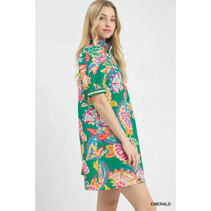 Umgee Jacquard Paisley Print Puff Sleeve Tunic Dress EMERALD MIX / S Apparel and Accessories