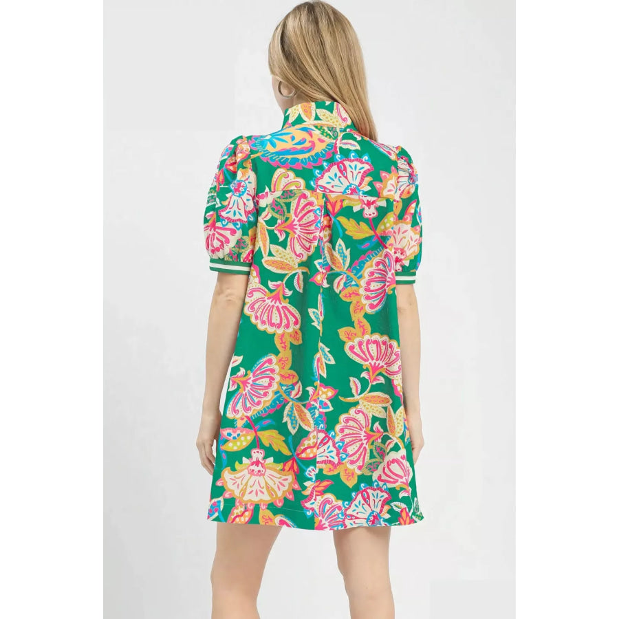 Umgee Jacquard Paisley Print Puff Sleeve Tunic Dress Apparel and Accessories