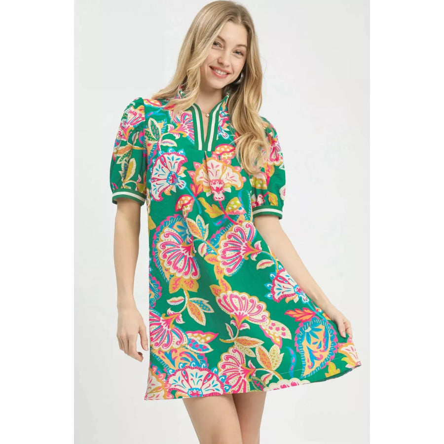 Umgee Jacquard Paisley Print Puff Sleeve Tunic Dress EMERALD MIX / S Apparel and Accessories