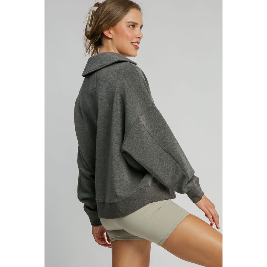 Umgee Johnny Collar Dropped Shoulder Sweatshirt Charcoal / S Apparel and Accessories