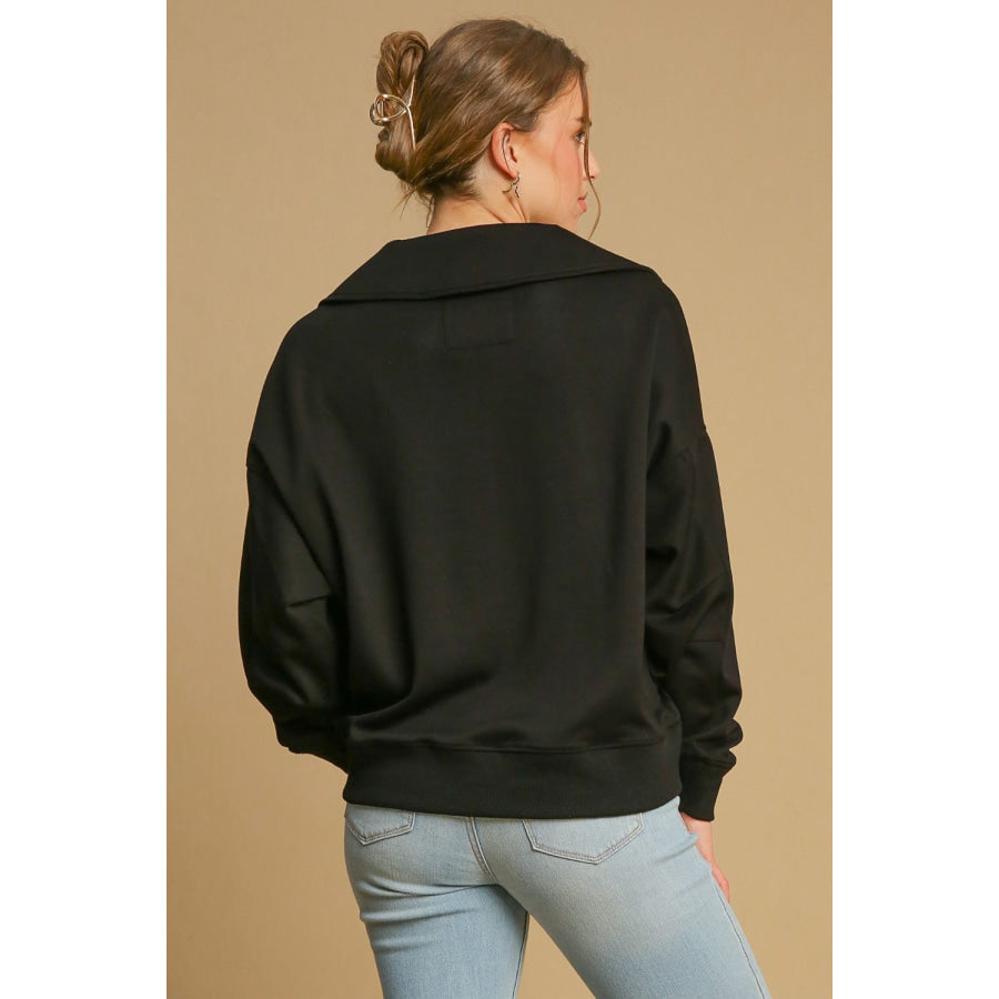 Umgee Johnny Collar Dropped Shoulder Sweatshirt Apparel and Accessories