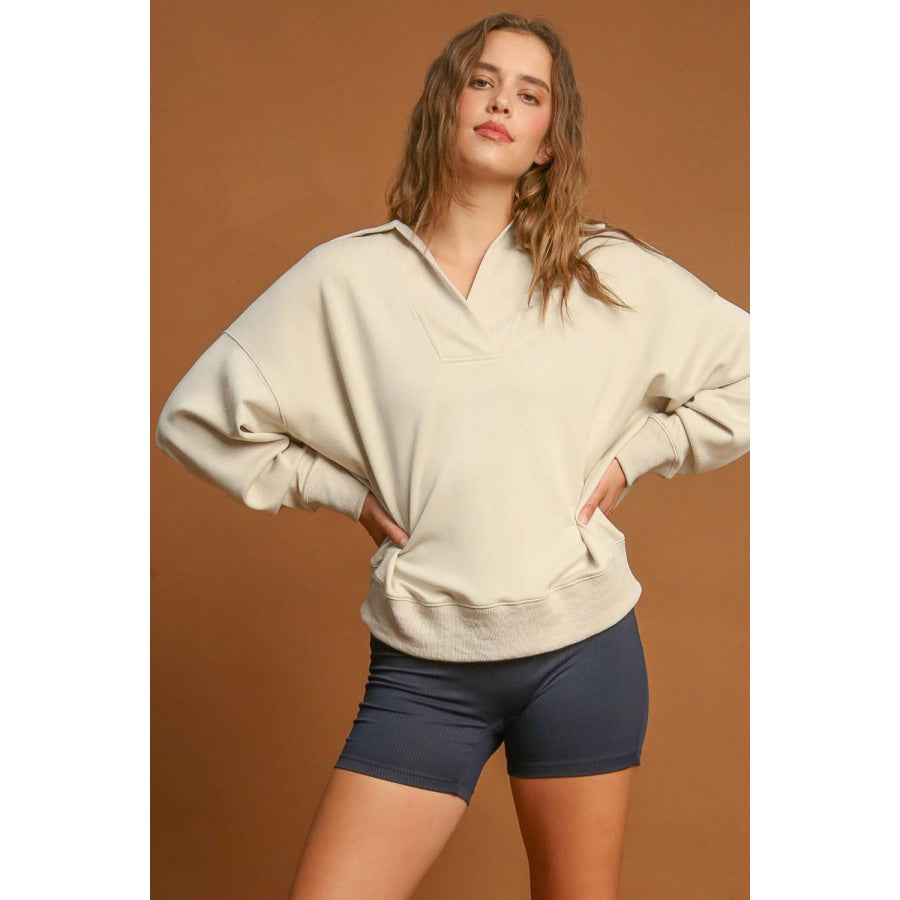 Umgee Johnny Collar Dropped Shoulder Sweatshirt Apparel and Accessories