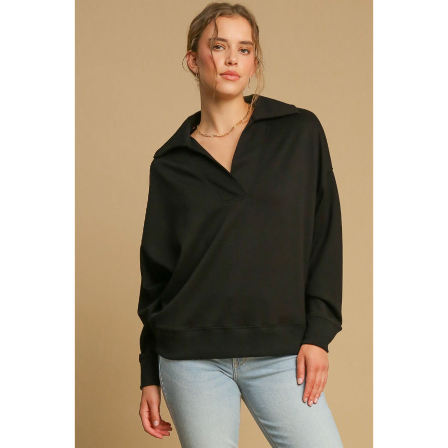 Umgee Johnny Collar Dropped Shoulder Sweatshirt Black / S Apparel and Accessories