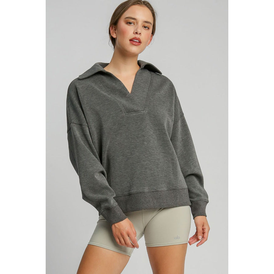 Umgee Johnny Collar Dropped Shoulder Sweatshirt Charcoal / S Apparel and Accessories