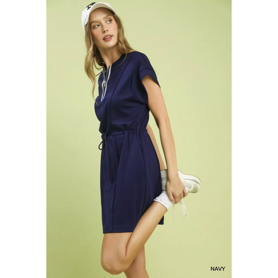 Umgee Knit Zip Front Drawstring Dress NAVY / S Apparel and Accessories
