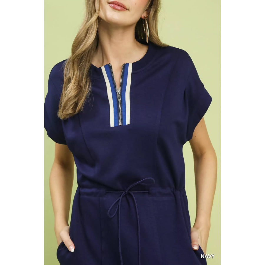 Umgee Knit Zip Front Drawstring Dress Apparel and Accessories