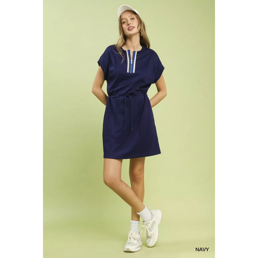 Umgee Knit Zip Front Drawstring Dress Apparel and Accessories