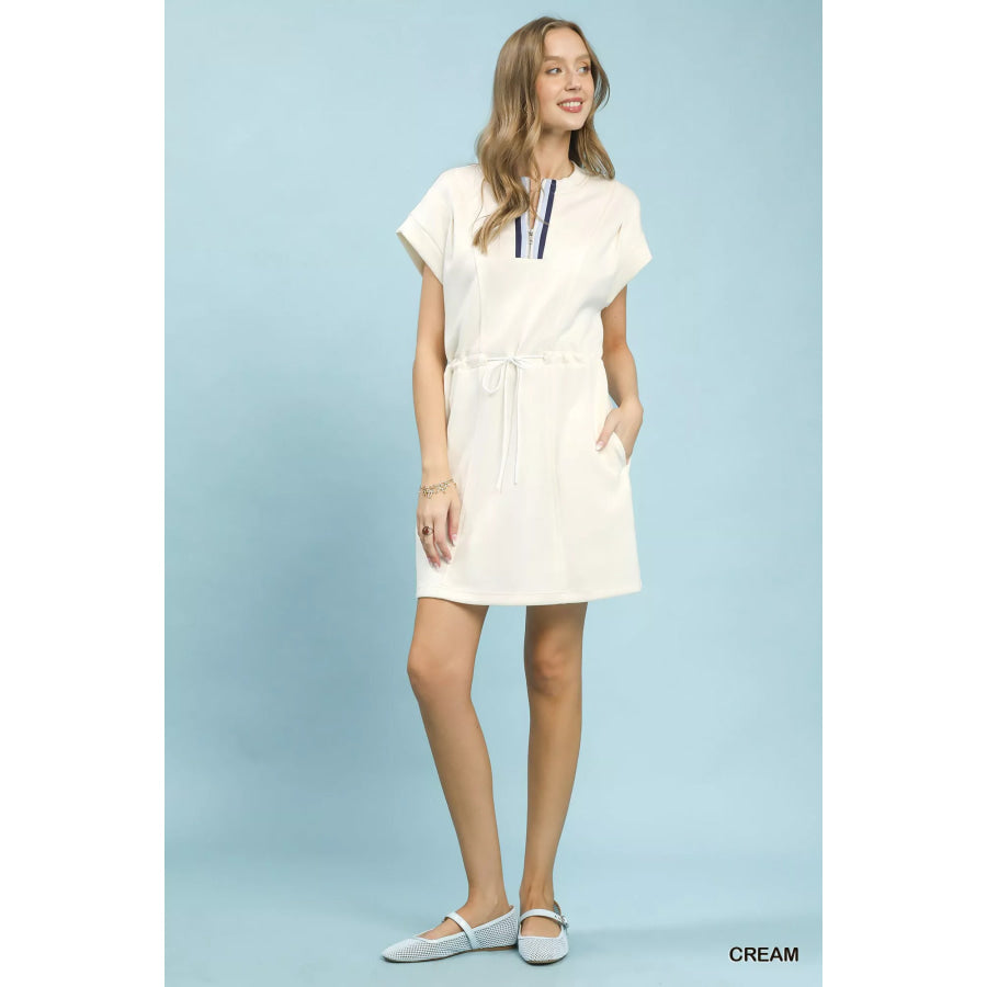 Umgee Knit Zip Front Drawstring Dress Apparel and Accessories