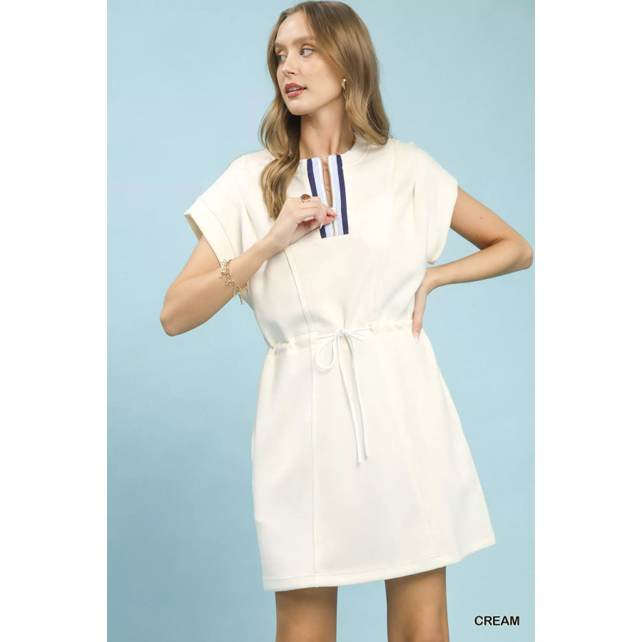 Umgee Knit Zip Front Drawstring Dress CREAM / S Apparel and Accessories