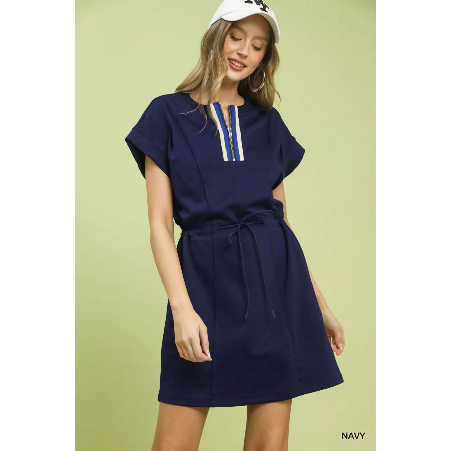 Umgee Knit Zip Front Drawstring Dress NAVY / S Apparel and Accessories