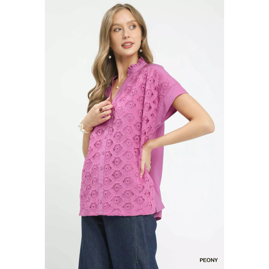 Umgee Lace Button-Front Top PEONY / S Apparel and Accessories