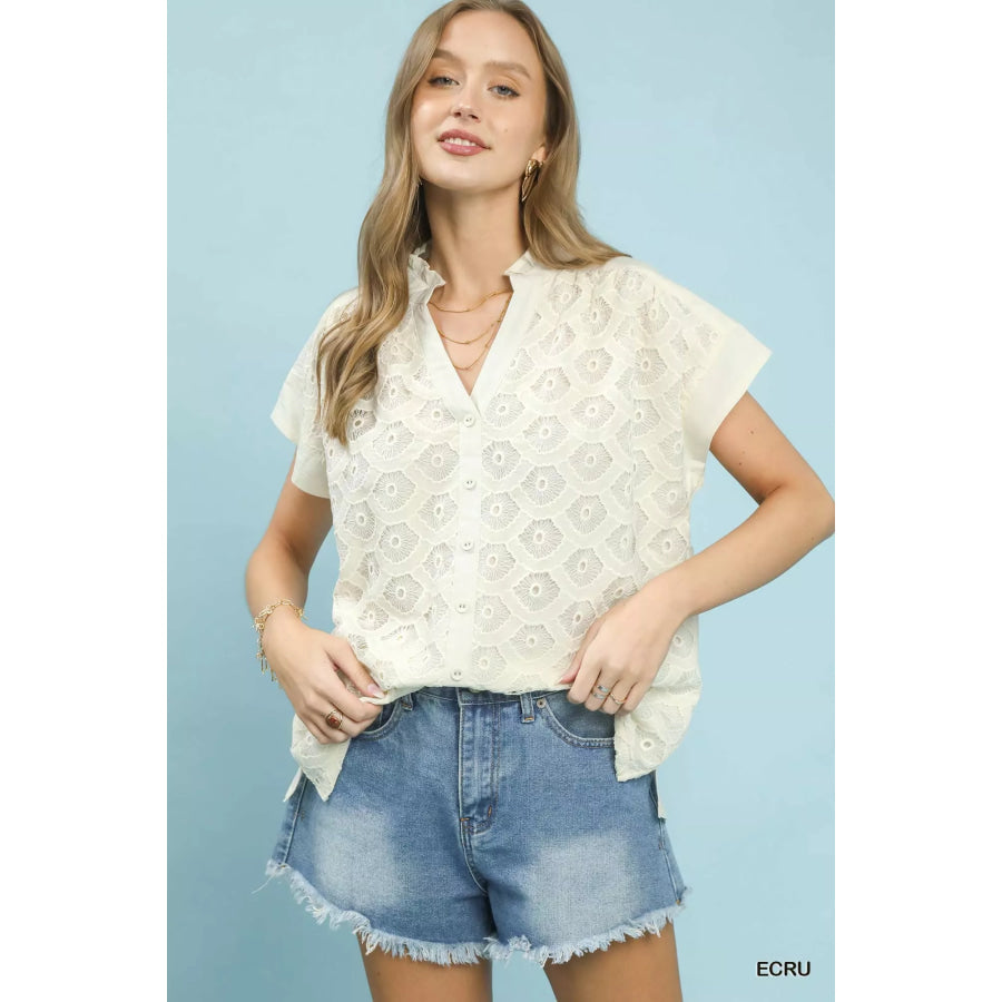 Umgee Lace Button-Front Top ECRU / S Apparel and Accessories