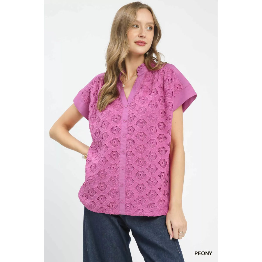 Umgee Lace Button-Front Top PEONY / S Apparel and Accessories