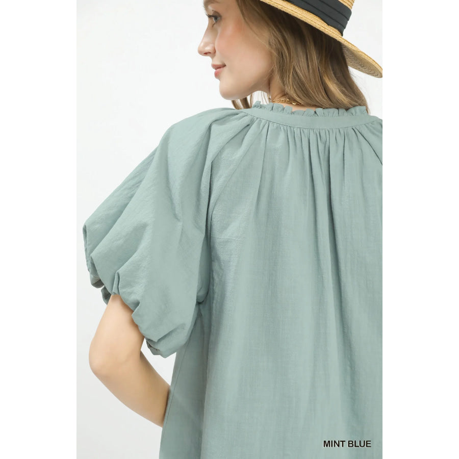 Umgee Lace Inset Puff Sleeve Boho Blouse Apparel and Accessories