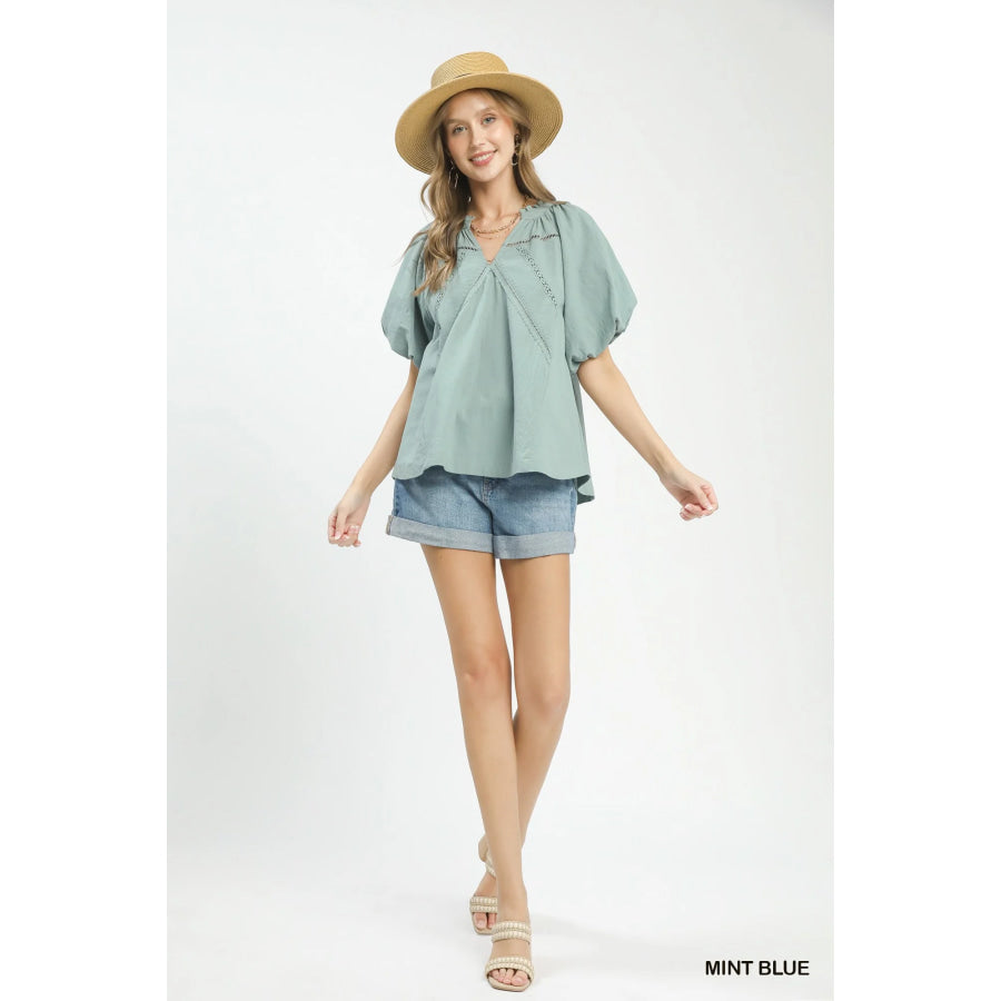Umgee Lace Inset Puff Sleeve Boho Blouse Apparel and Accessories