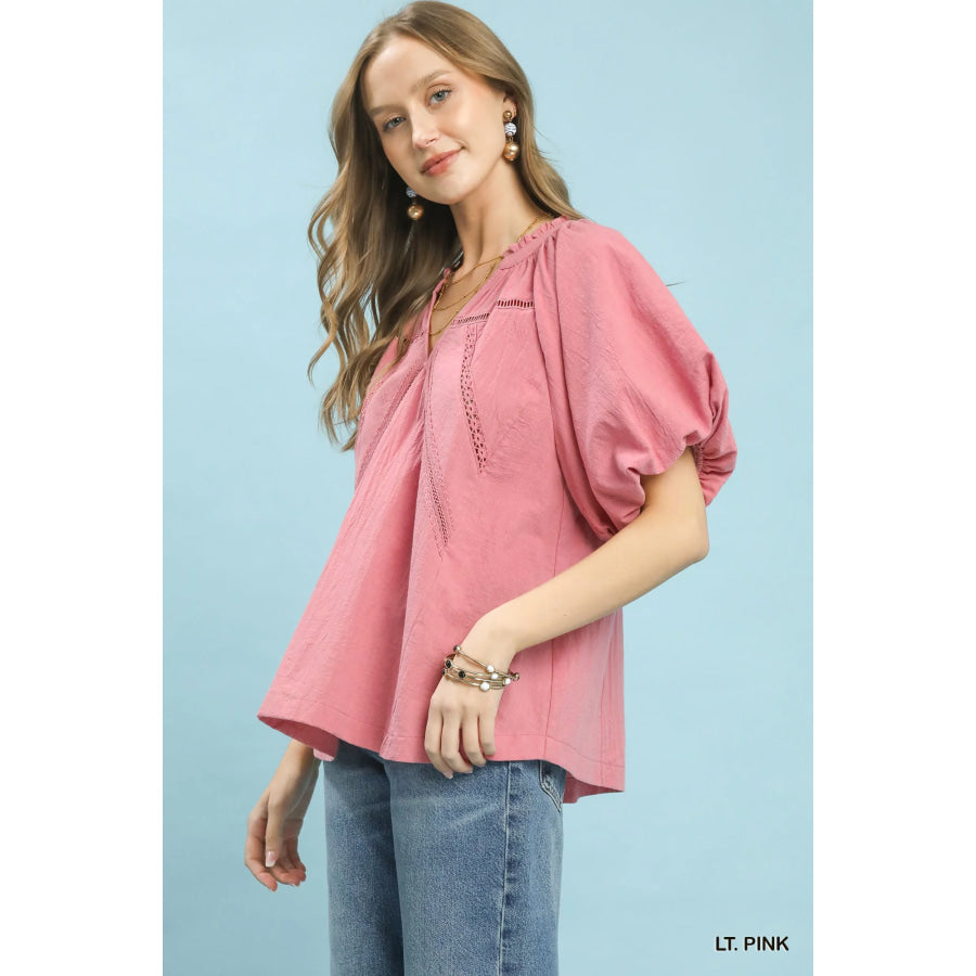 Umgee Lace Inset Puff Sleeve Boho Blouse Apparel and Accessories